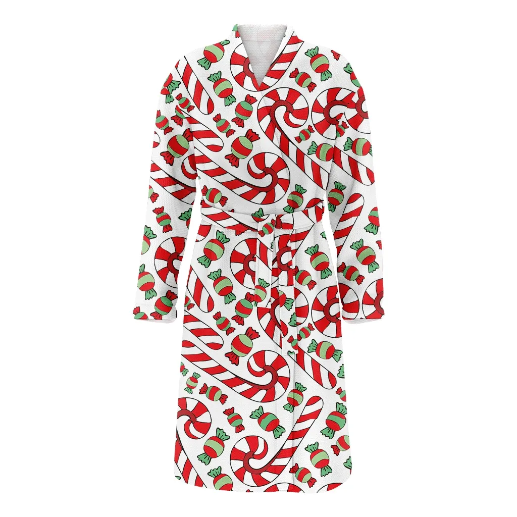 Christmas Gift Sweets Candy Cane On White Background Family Matching Kimono Bathrobe Satin Fleece Robe