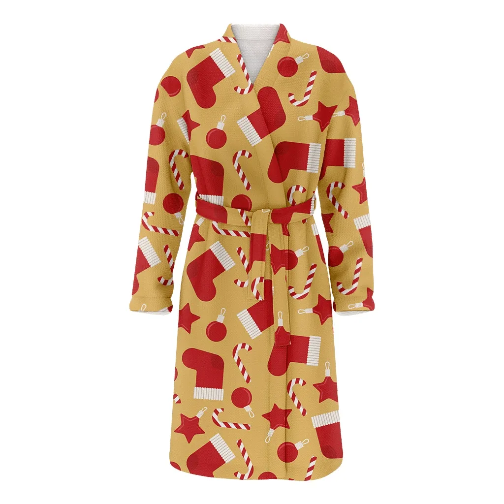 Christmas Gift Toys Candy And Socks On Gold Background Family Matching Kimono Bathrobe Satin Fleece Robe