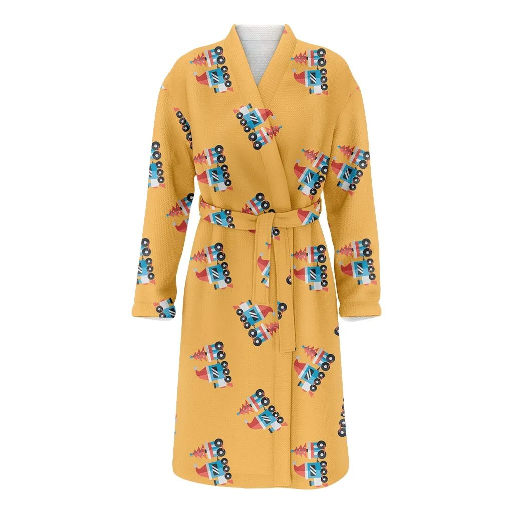 Christmas Gift Train Carries Tree Icon On Orange Background Family Matching Kimono Bathrobe Satin Fleece Robe