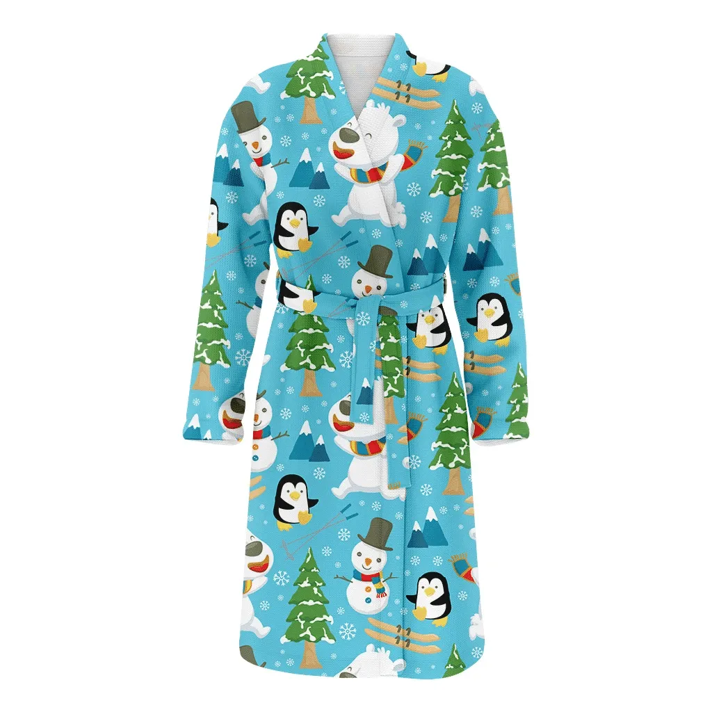 Christmas Gift Tree And Animal In Scarf Family Matching Kimono Bathrobe Satin Fleece Robe
