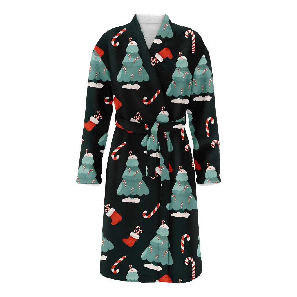Christmas Gift Tree Candy Canes And Socks Family Matching Kimono Bathrobe Satin Fleece Robe
