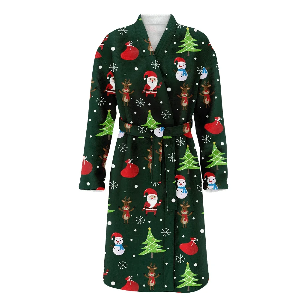 Christmas Gift Tree Santa Claus Reindeer Snow And Gift Bag Family Matching Kimono Bathrobe Satin Fleece Robe