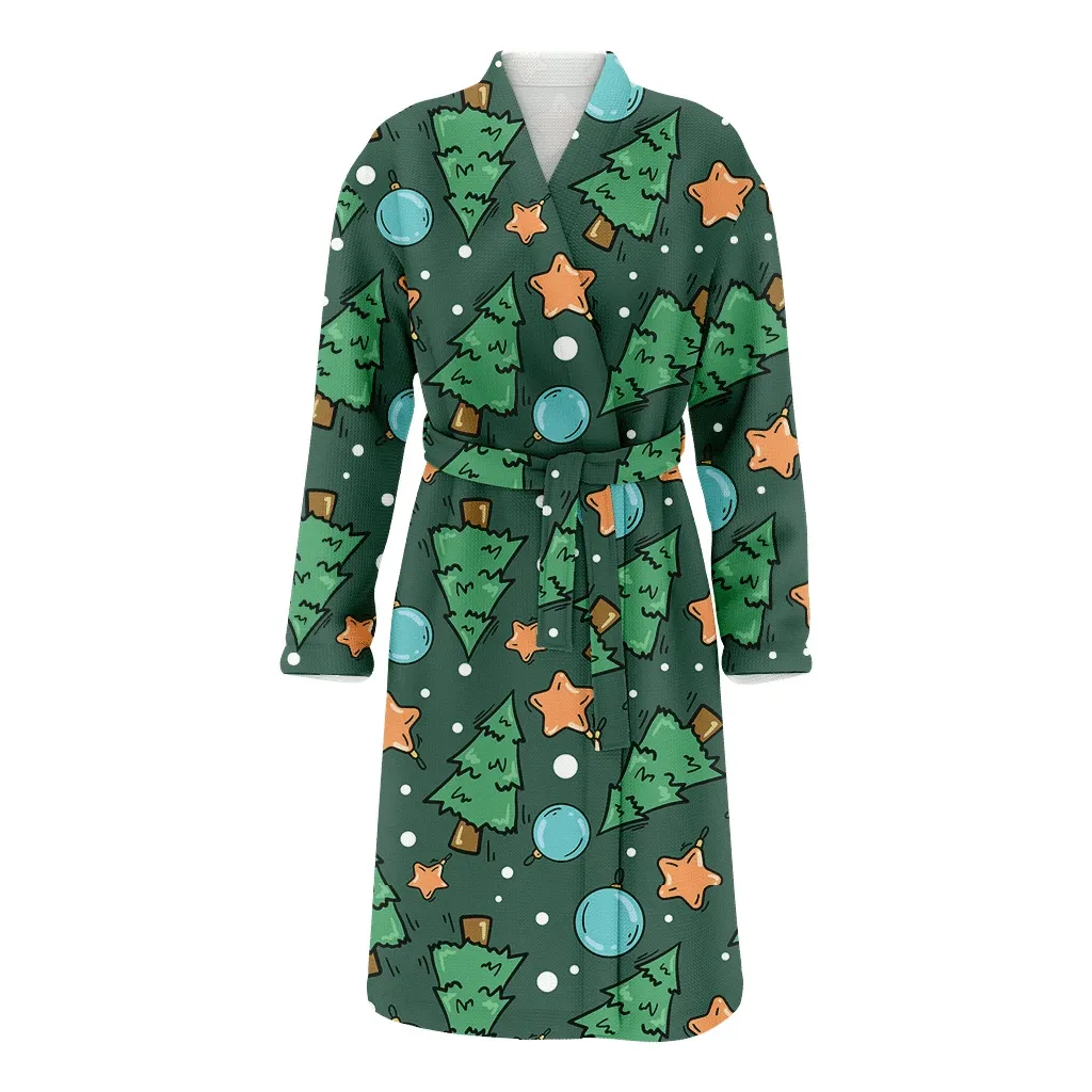 Christmas Gift Tree Star And Ball Toy On Green Background Family Matching Kimono Bathrobe Satin Fleece Robe