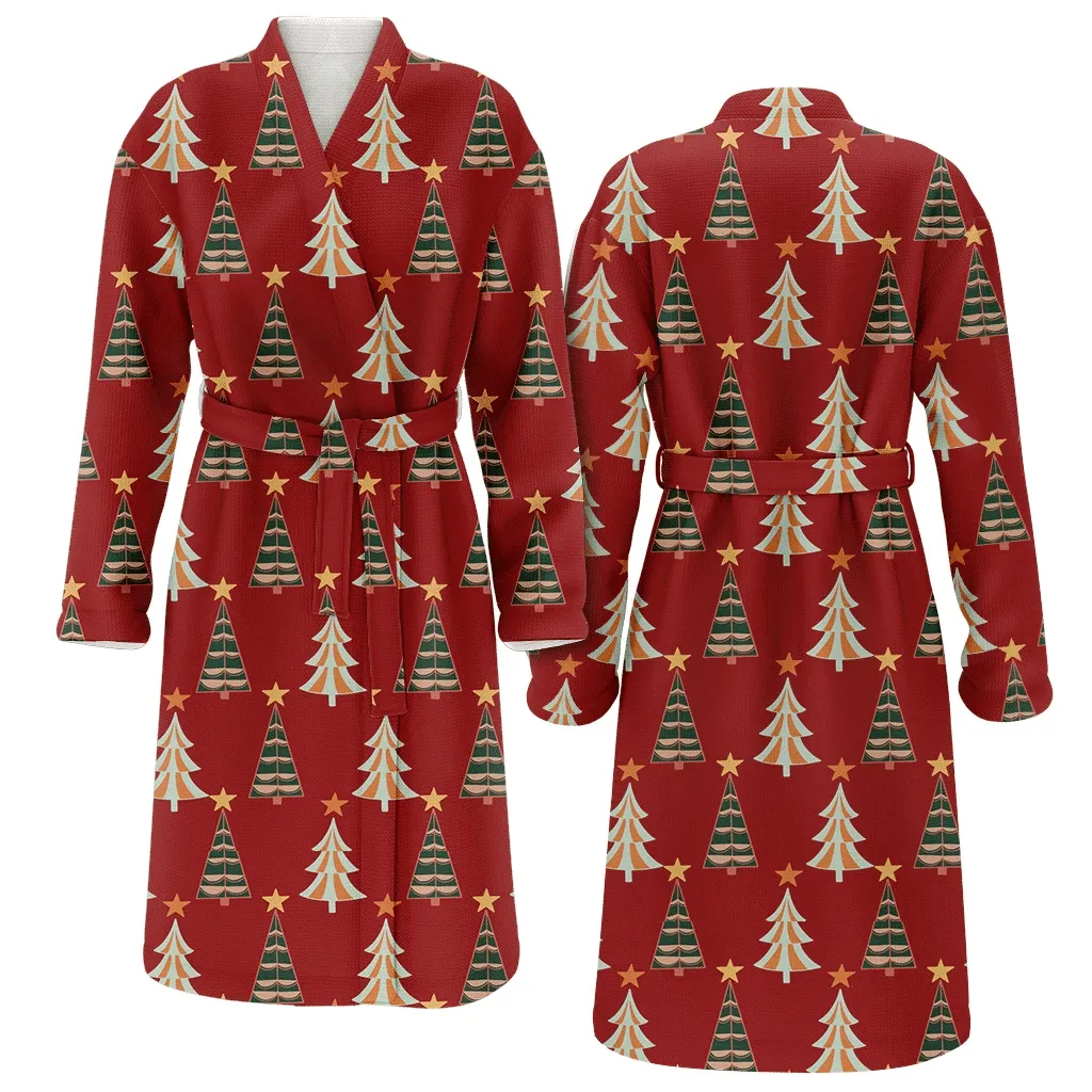 Christmas Gift Trees With Star On Red Background Family Matching Kimono Bathrobe Satin Fleece Robe