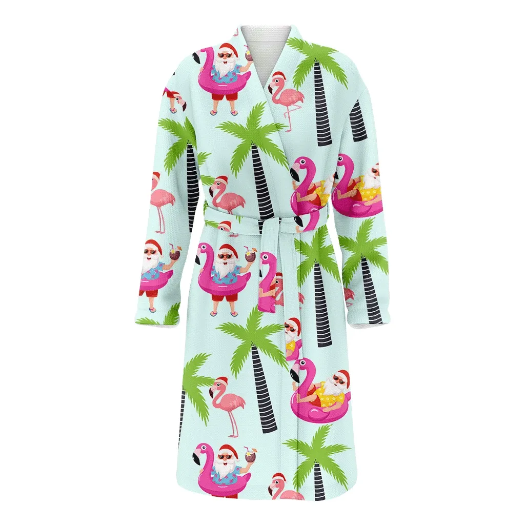 Christmas Gift Tropical Pattern With Santa Claus And Flamingo Family Matching Kimono Bathrobe Satin Fleece Robe