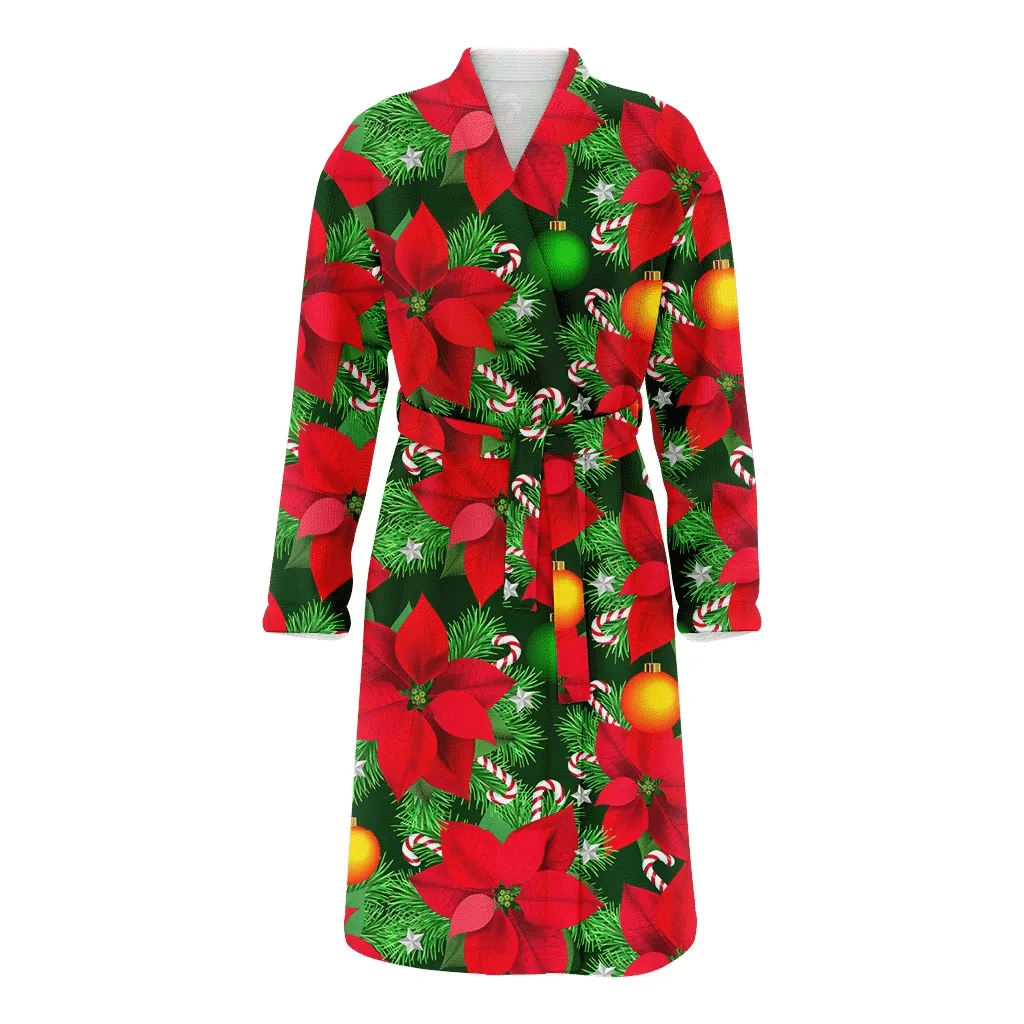 Christmas Gift Winter Red Poinsettia Flowers And Candy Cane Family Matching Kimono Bathrobe Satin Fleece Robe
