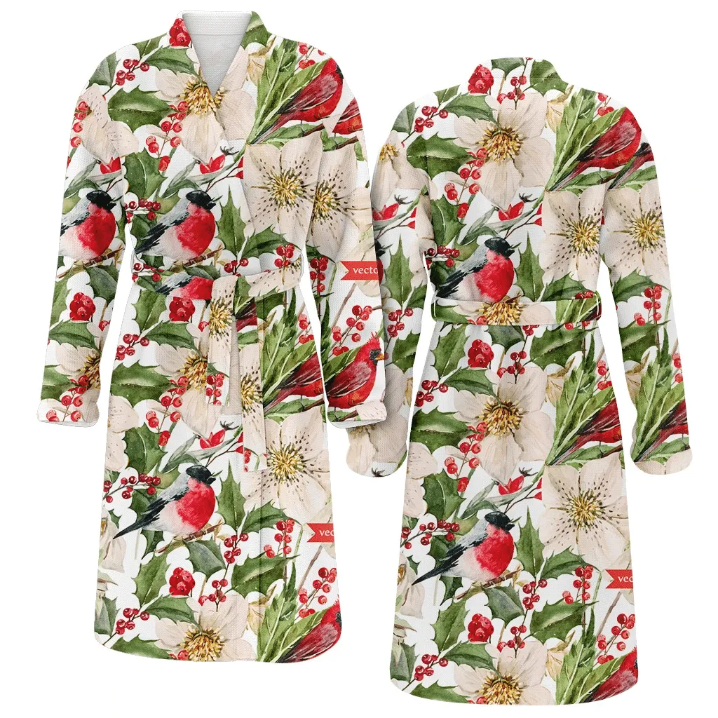 Christmas Gift Winter White Hellebore Flowers And Bird Family Matching Kimono Bathrobe Satin Fleece Robe
