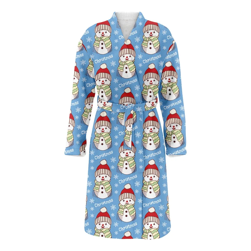 Christmas Gift With Cute Snowman In Hat And Scarf Family Matching Kimono Bathrobe Satin Fleece Robe