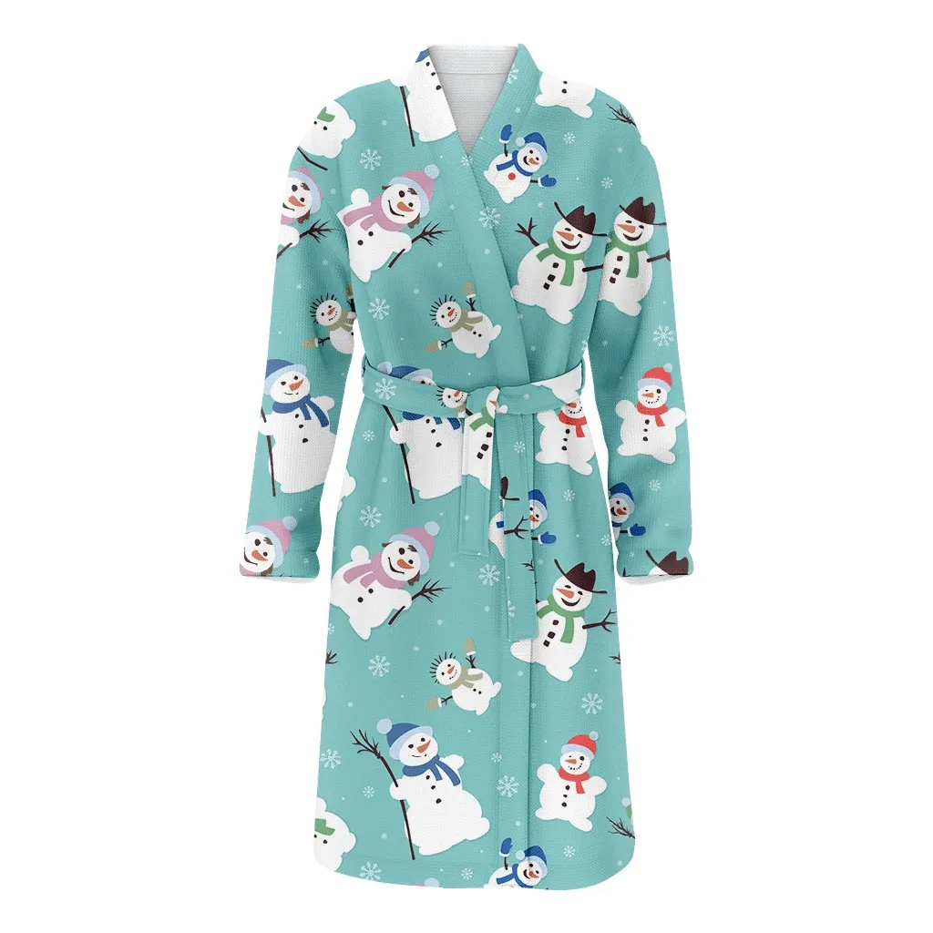 Christmas Gift With Snowman In Hat Scarf And Brach Family Matching Kimono Bathrobe Satin Fleece Robe