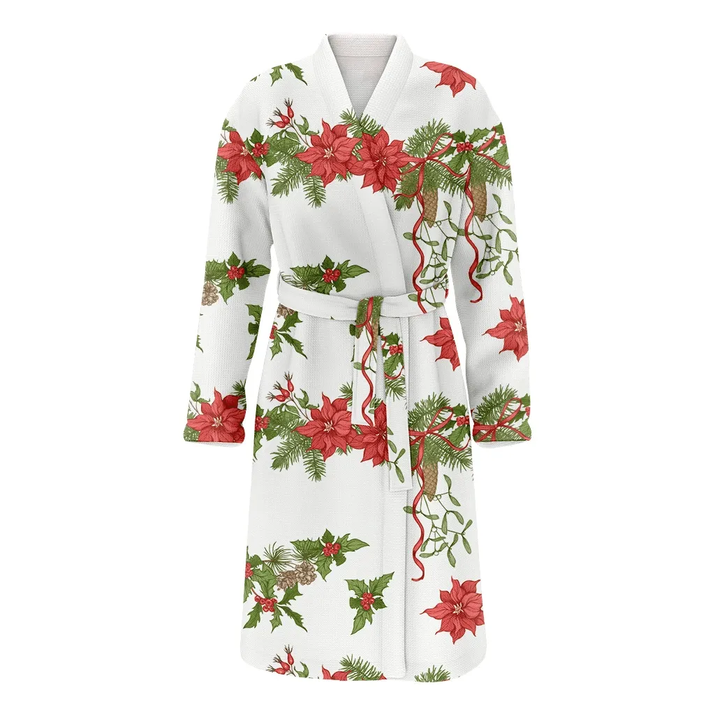 Christmas Gift Wreath Of Spruce Pine Poinsettia Flower Family Matching Kimono Bathrobe Satin Fleece Robe