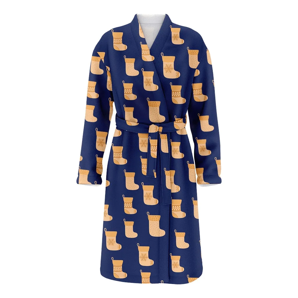 Christmas Gift Yellow Socks With Snowflake On Blue Background Family Matching Kimono Bathrobe Satin Fleece Robe