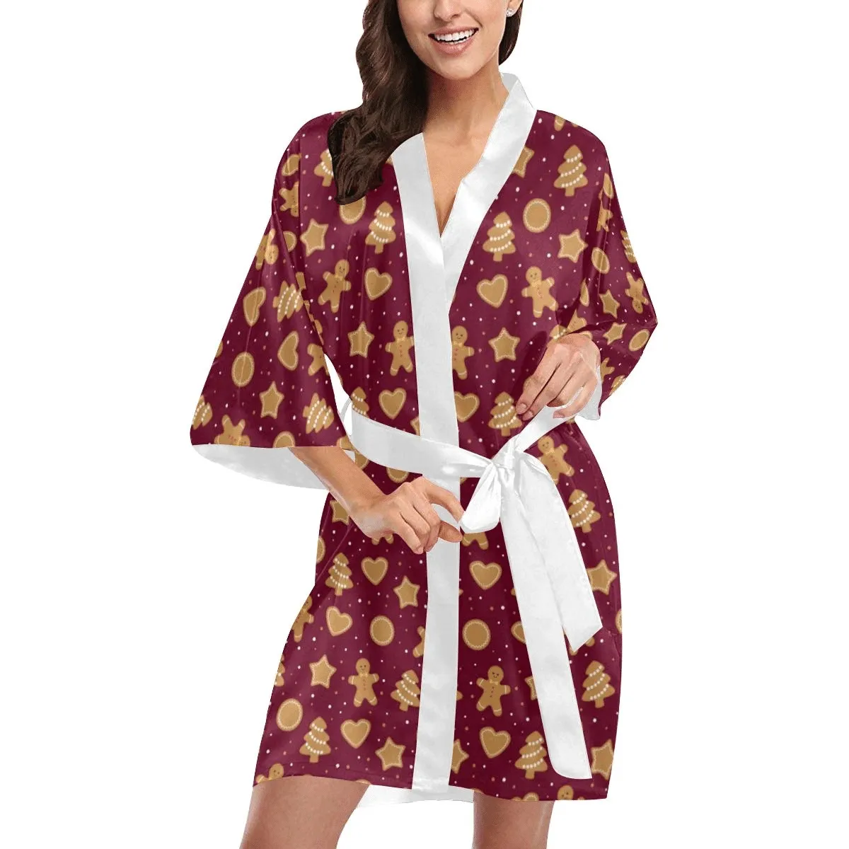 Christmas Ginger Cookie Pattern Background Family Matching Kimono Bathrobe Satin Fleece Robe