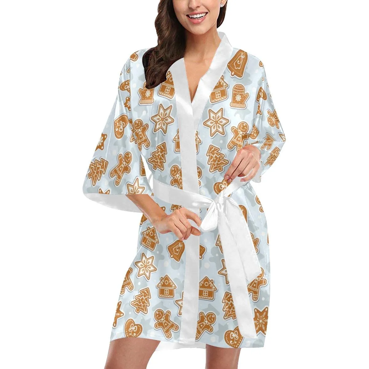 Christmas Gingerbread Cookie Pattern Background Family Matching Kimono Bathrobe Satin Fleece Robe