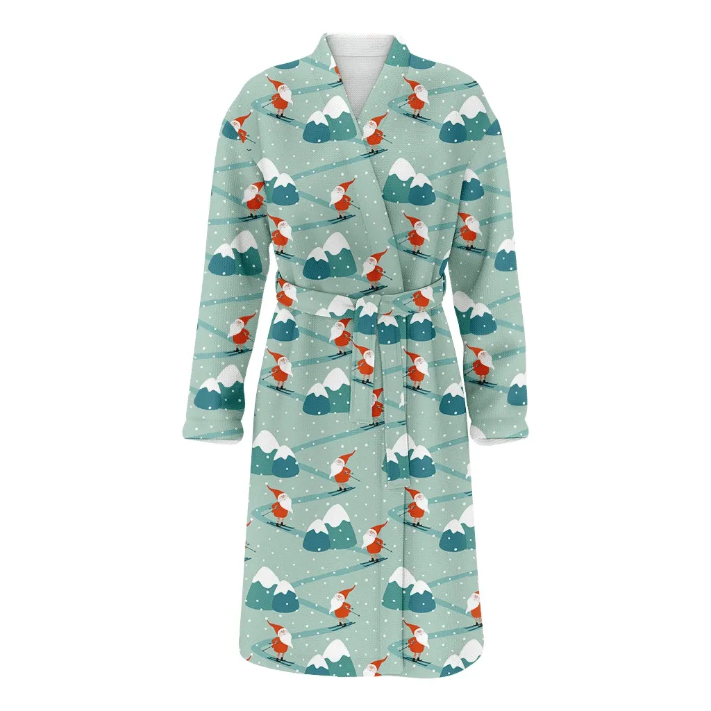 Christmas Gnomes Are Skiing On Mountains Family Matching Kimono Bathrobe Satin Fleece Robe