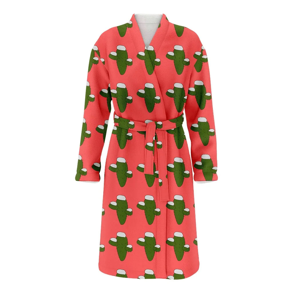 Christmas Green Cactus In Snow Winter Family Matching Kimono Bathrobe Satin Fleece Robe