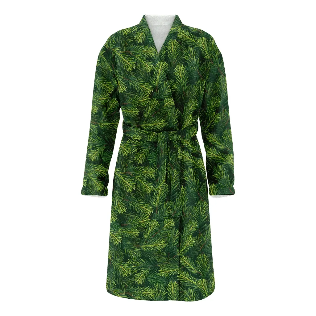 Christmas Green Fir Tree Branches On Dark Family Matching Kimono Bathrobe Satin Fleece Robe