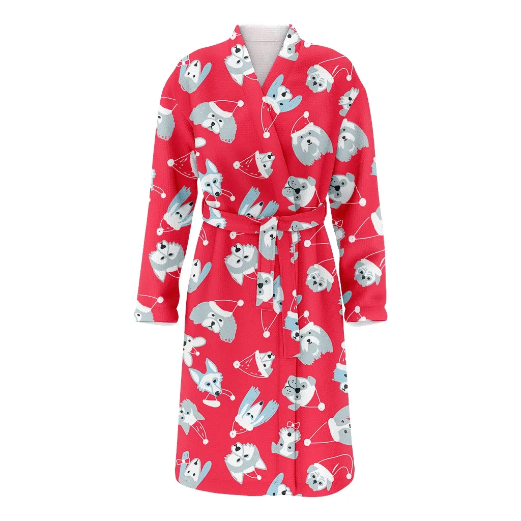 Christmas Grey Head Dogs In Santa Claus Hat Family Matching Kimono Bathrobe Satin Fleece Robe