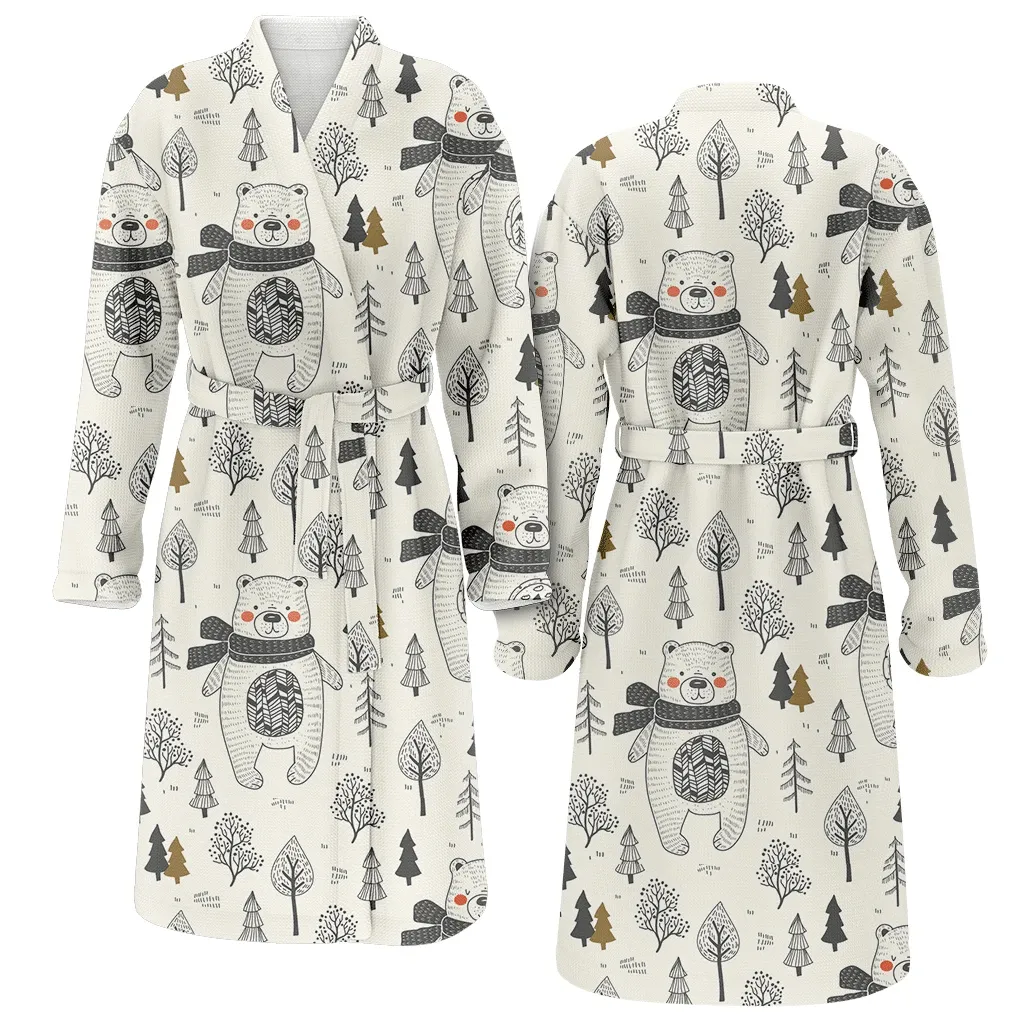 Christmas Hand Drawn Cute Bear Animal Forest Family Matching Kimono Bathrobe Satin Fleece Robe