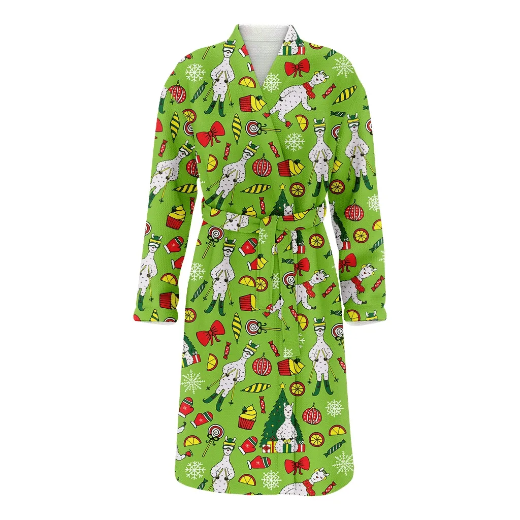 Christmas Holiday Funny Llamas Skiing And Snowflake Family Matching Kimono Bathrobe Satin Fleece Robe