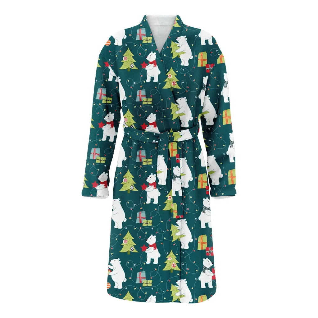 Christmas Holiday With Bears Decorate The Christmas Tree Family Matching Kimono Bathrobe Satin Fleece Robe