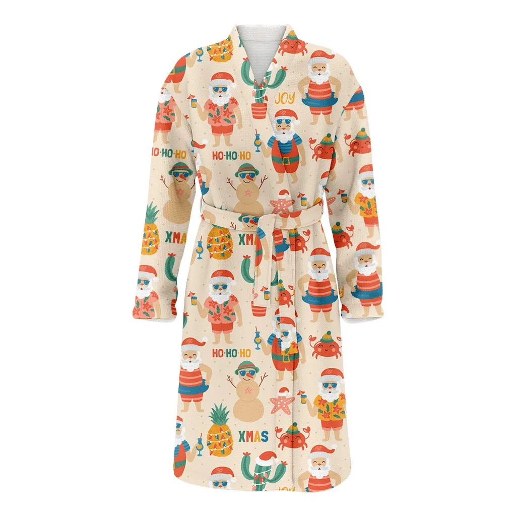 Christmas Holiday With Santa Claus On Sea Beach Family Matching Kimono Bathrobe Satin Fleece Robe