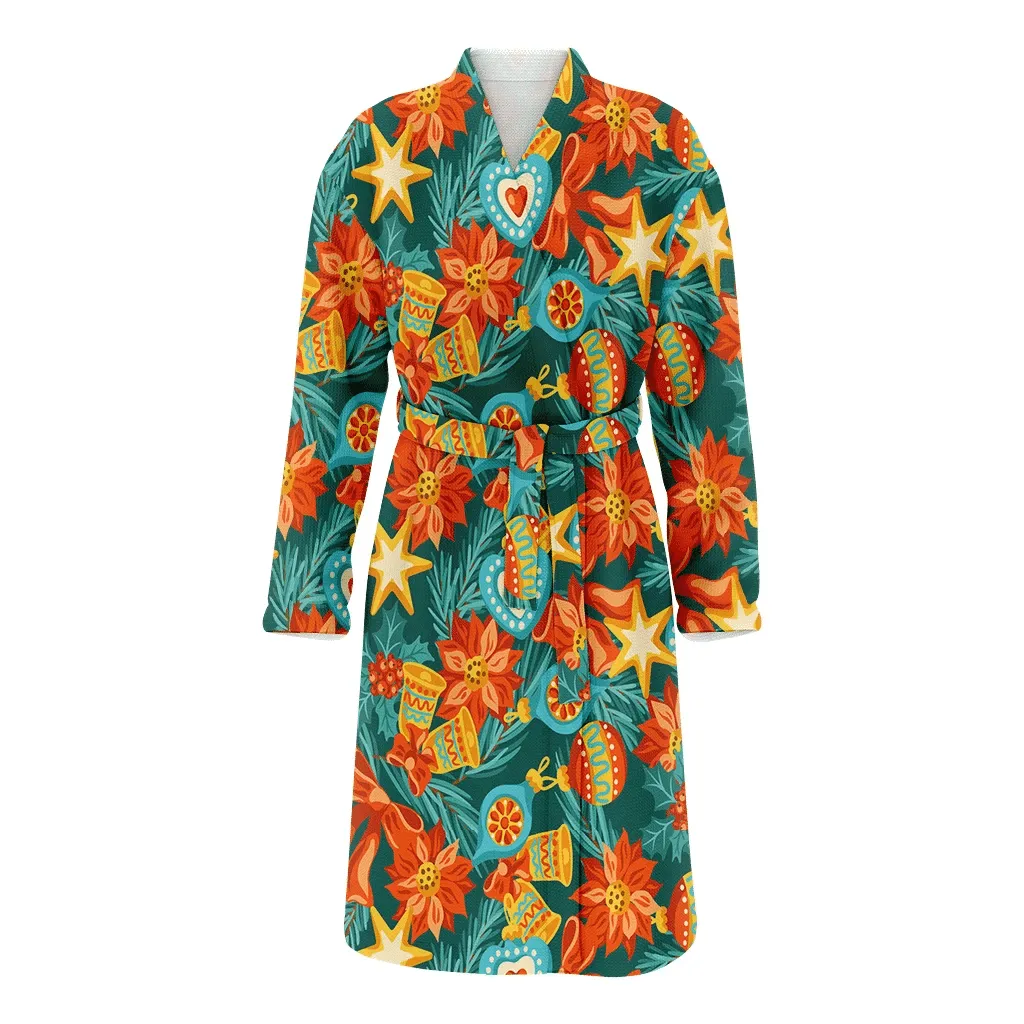 Christmas Holidays Decor With Bells Holly Leaves Flowers Family Matching Kimono Bathrobe Satin Fleece Robe