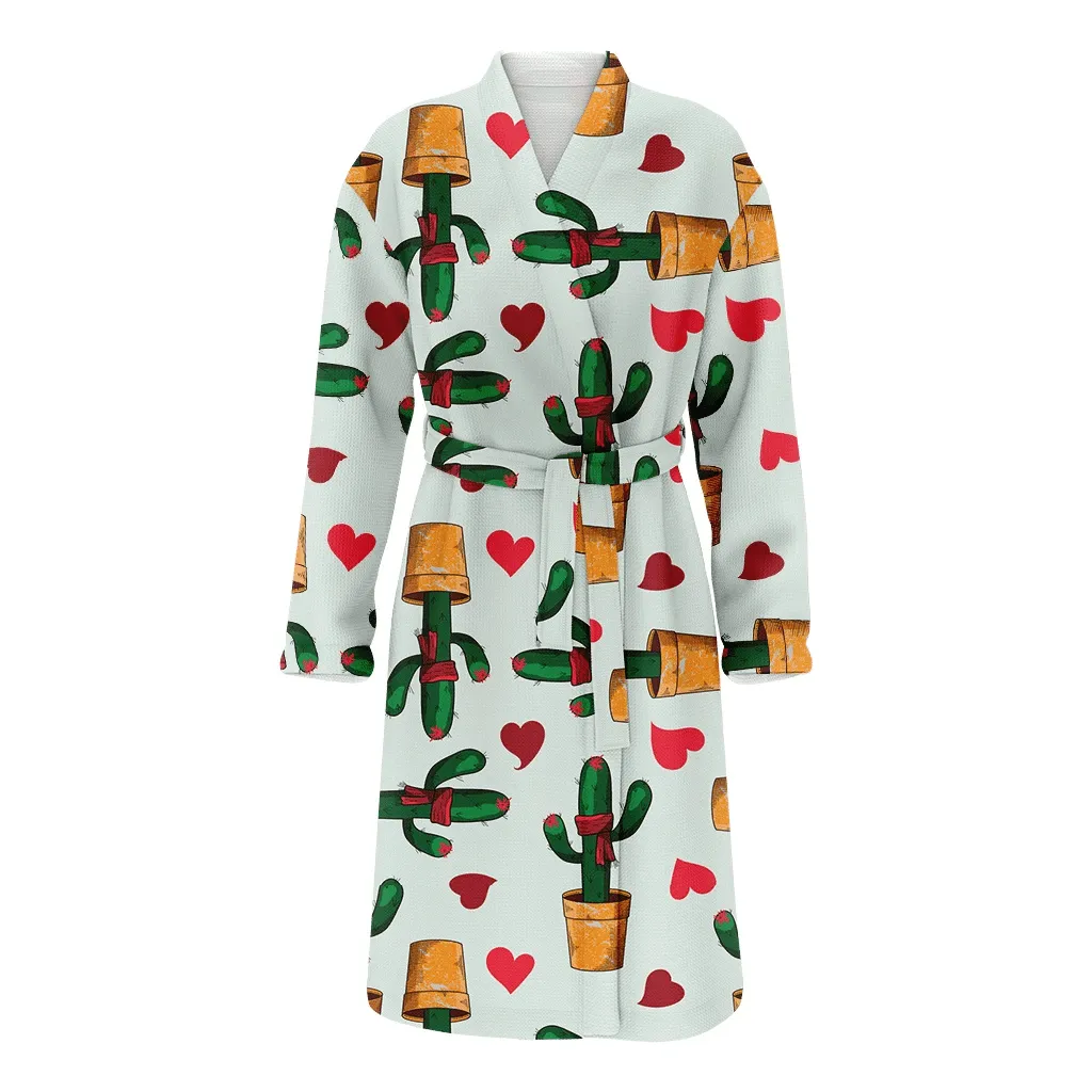 Christmas Kawaii Cactus And Red Heart Family Matching Kimono Bathrobe Satin Fleece Robe