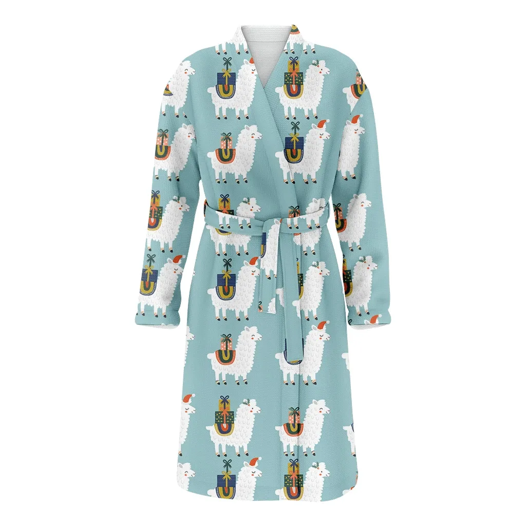 Christmas Llama In Santa Hat And Gifts Family Matching Kimono Bathrobe Satin Fleece Robe