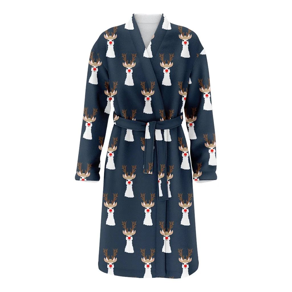 Christmas Llama With Red Nose And Reindeer Horn Family Matching Kimono Bathrobe Satin Fleece Robe