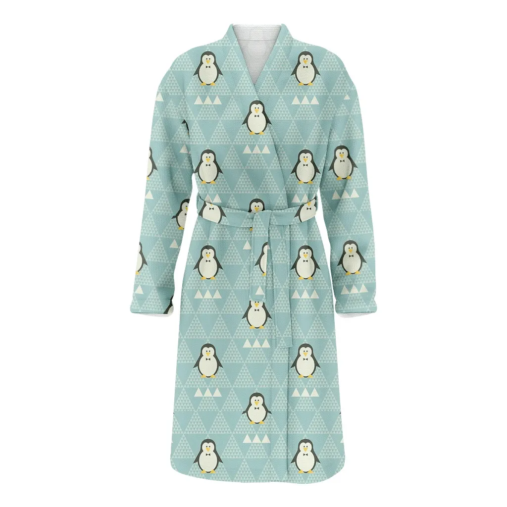 Christmas Penguins And White Triangles Geometric Family Matching Kimono Bathrobe Satin Fleece Robe