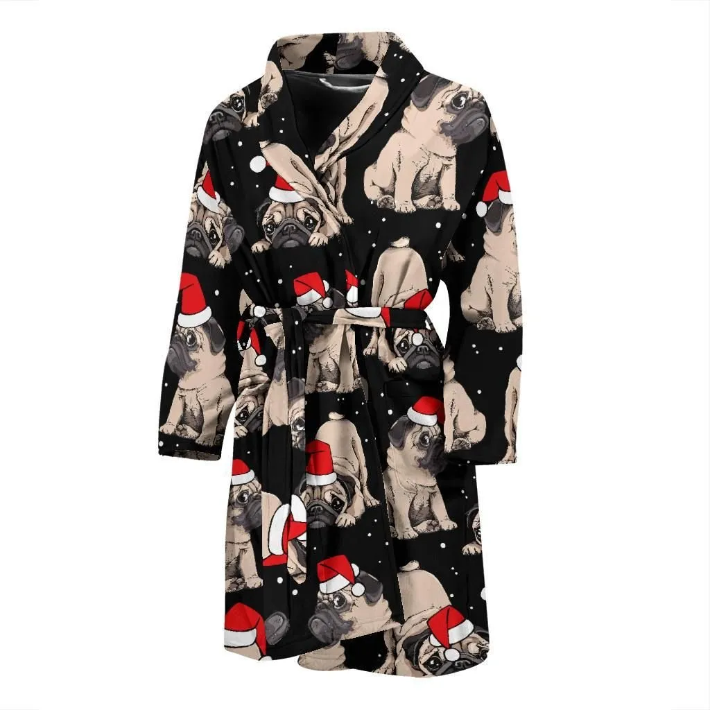Christmas Pugs Santa With Red Cap Pattern Family Matching Kimono Bathrobe Satin Fleece Robe