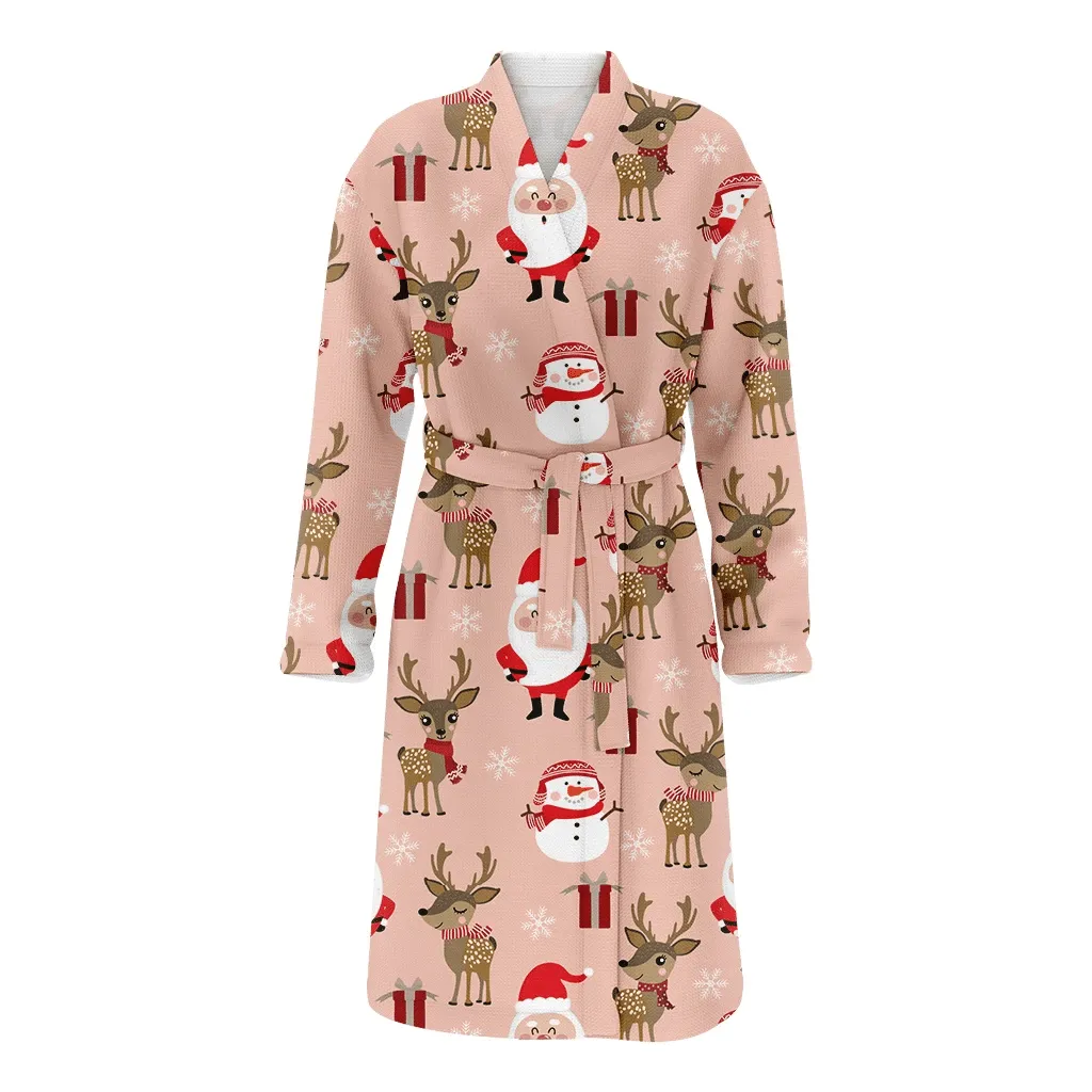 Christmas Santa Claus Deer Snowman And Gift Family Matching Kimono Bathrobe Satin Fleece Robe