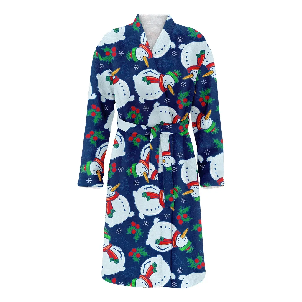 Christmas Snowman And Holly On Blue Background Family Matching Kimono Bathrobe Satin Fleece Robe