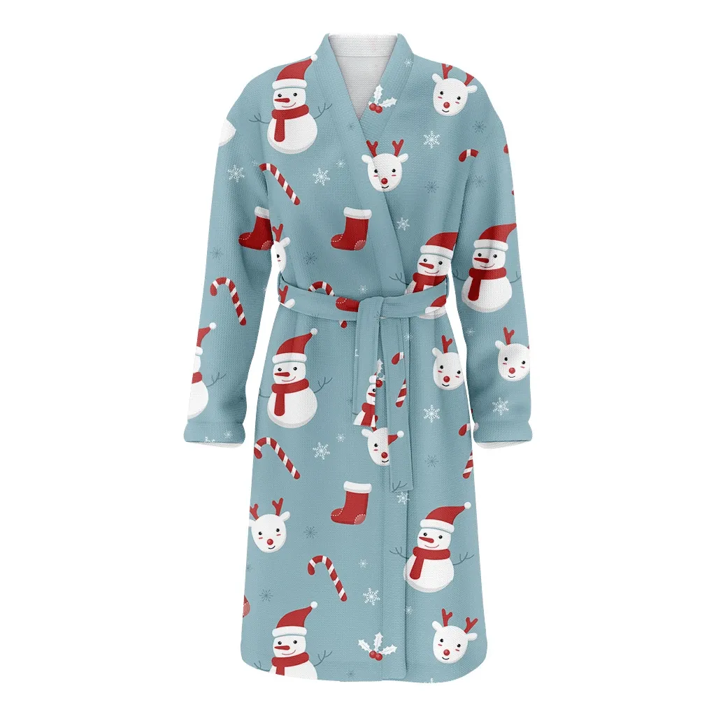 Christmas Snowman Candy Cane And Reindeer Family Matching Kimono Bathrobe Satin Fleece Robe