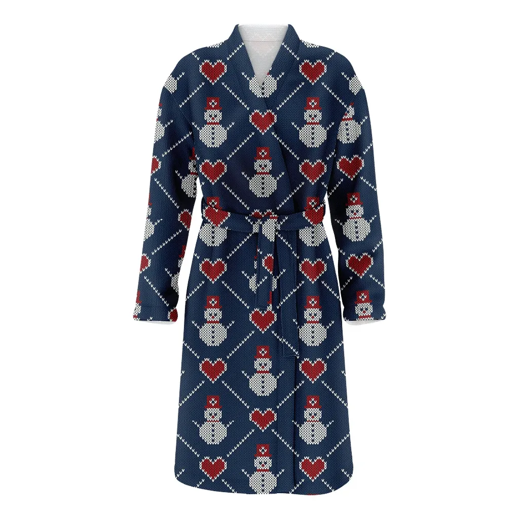 Christmas Snowman In Hat And Red Heart Family Matching Kimono Bathrobe Satin Fleece Robe