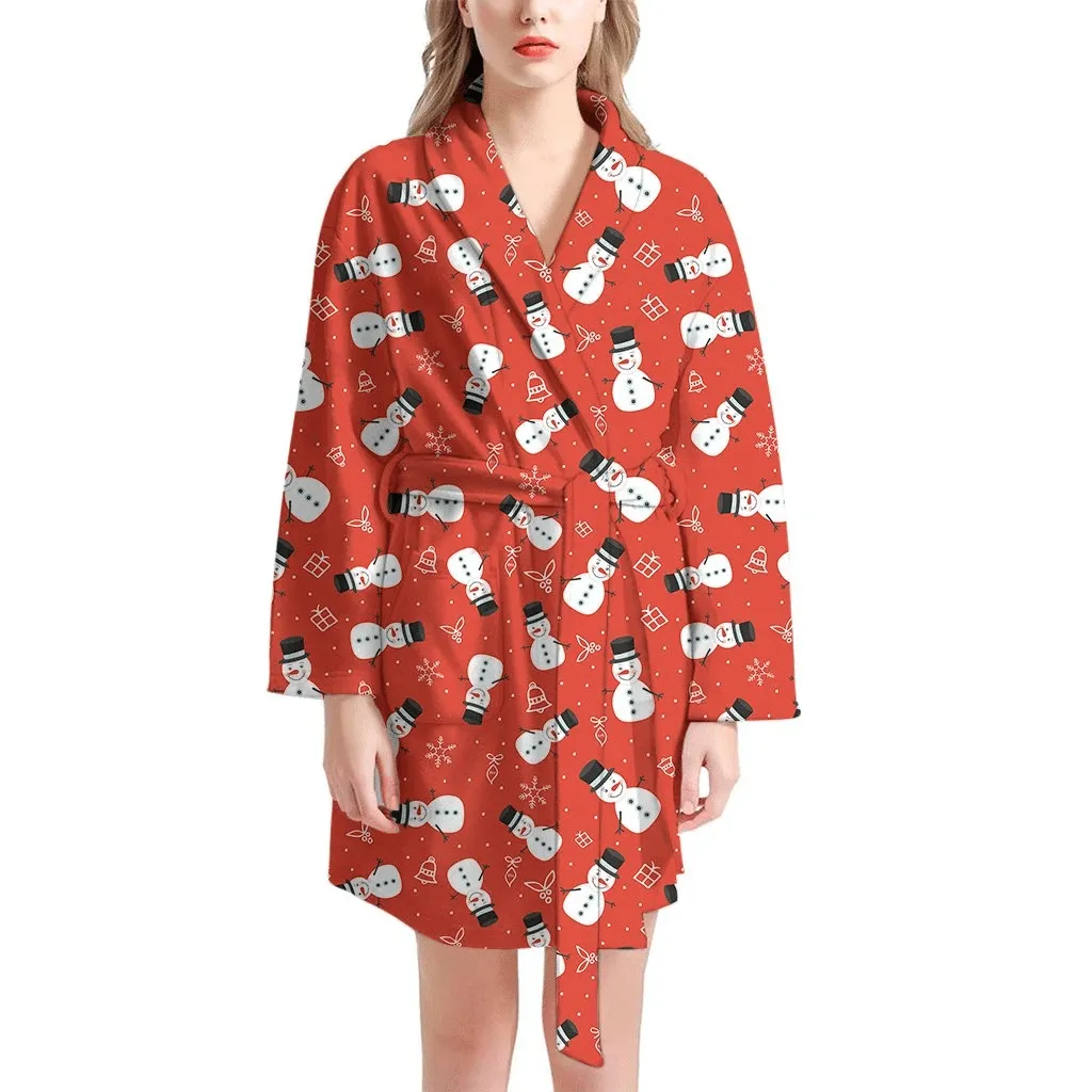 Christmas Snowman Pattern Family Matching Kimono Bathrobe Satin Fleece Robe