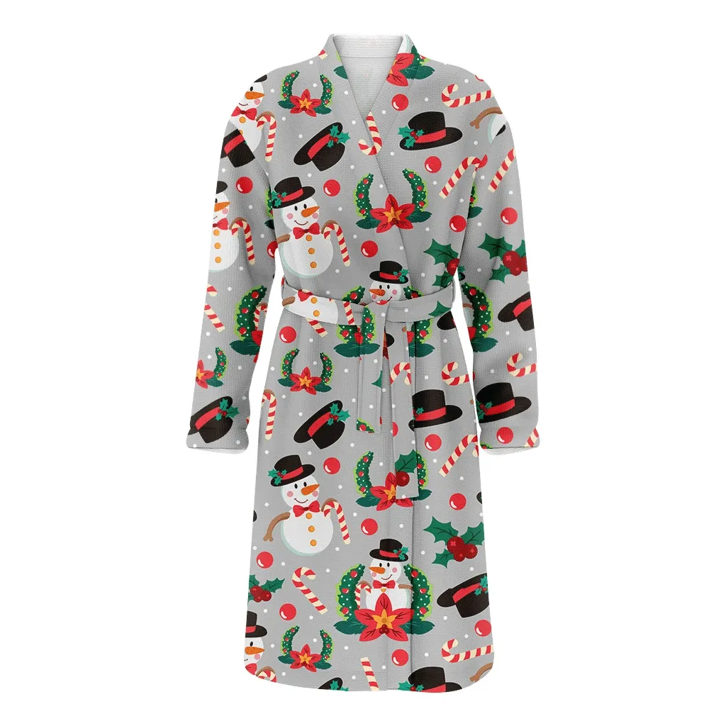 Christmas Snowman Poinsettia And Wreath Family Matching Kimono Bathrobe Satin Fleece Robe