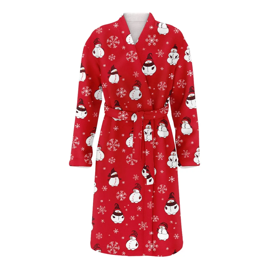 Christmas Snowmen And Doodle Snowflakes On Red Background Family Matching Kimono Bathrobe Satin Fleece Robe