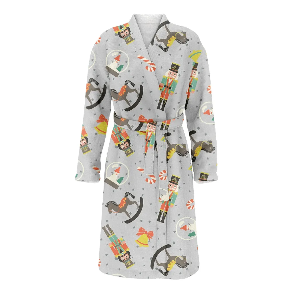 Christmas Toys Pattern With Snow Globe Nutcrackers Horse Bell And Candy Family Matching Kimono Bathrobe Satin Fleece Robe
