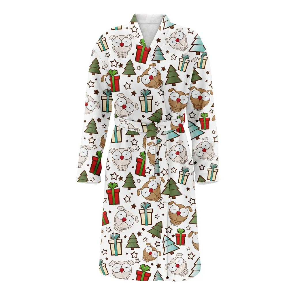 Christmas Tree Gift With Cartoon Dogs Family Matching Kimono Bathrobe Satin Fleece Robe