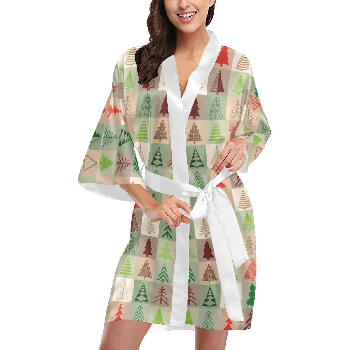 Christmas Tree Pattern Family Matching Kimono Bathrobe Satin Fleece Robe