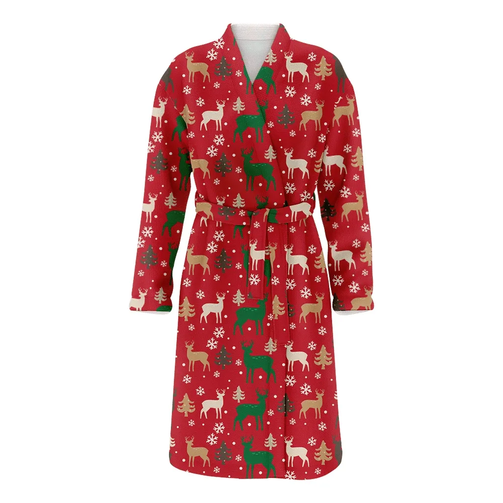 Christmas Winter Art Deer And Pine Tree Family Matching Kimono Bathrobe Satin Fleece Robe