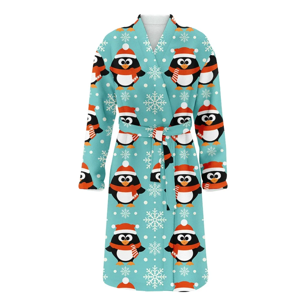 Christmas Winter Background With Funny Penguin Family Matching Kimono Bathrobe Satin Fleece Robe