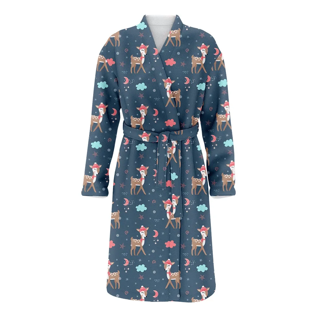 Christmas Winter Deer In Hats And Scarves Family Matching Kimono Bathrobe Satin Fleece Robe