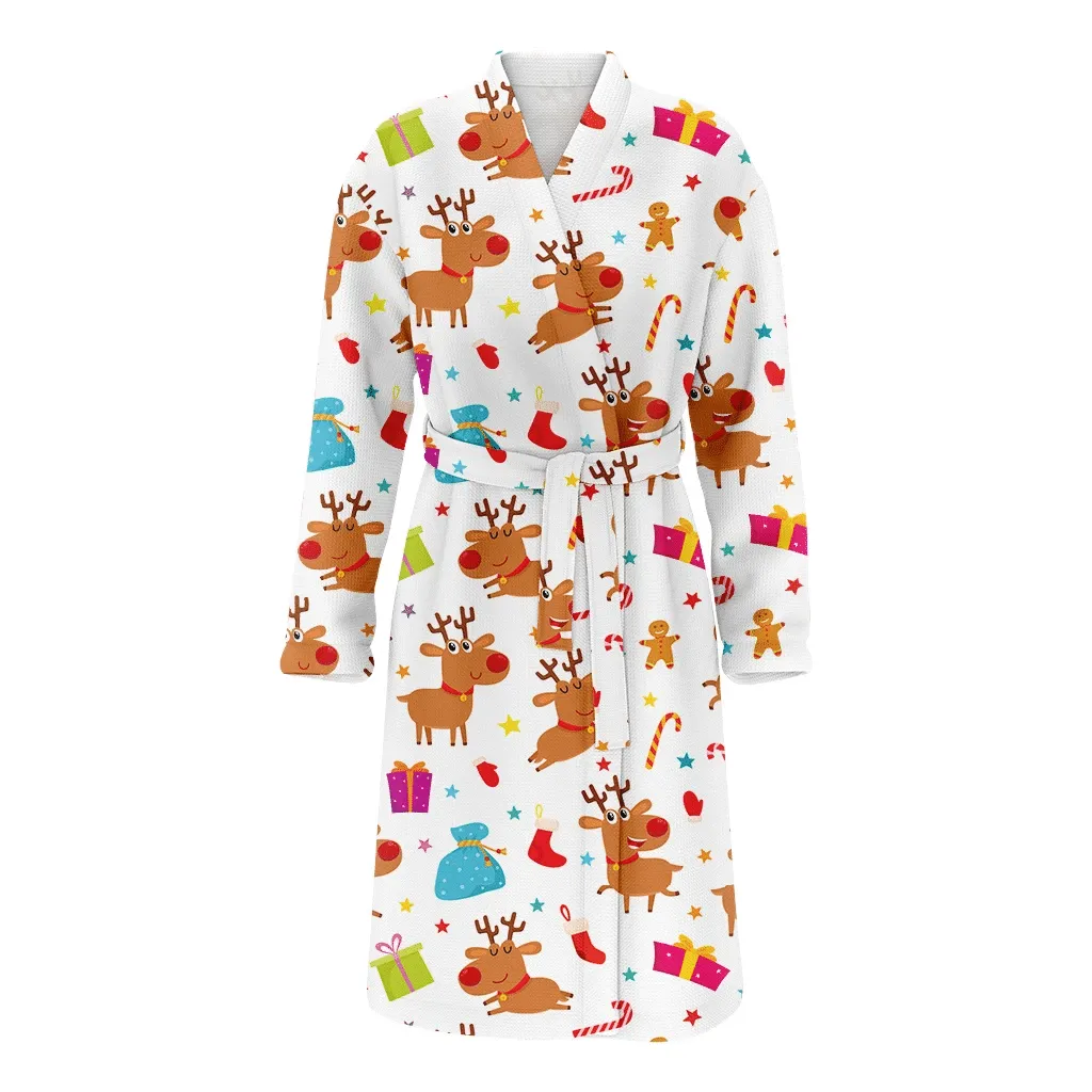 Christmas Winter Deers Gifts Candies And Stars Family Matching Kimono Bathrobe Satin Fleece Robe