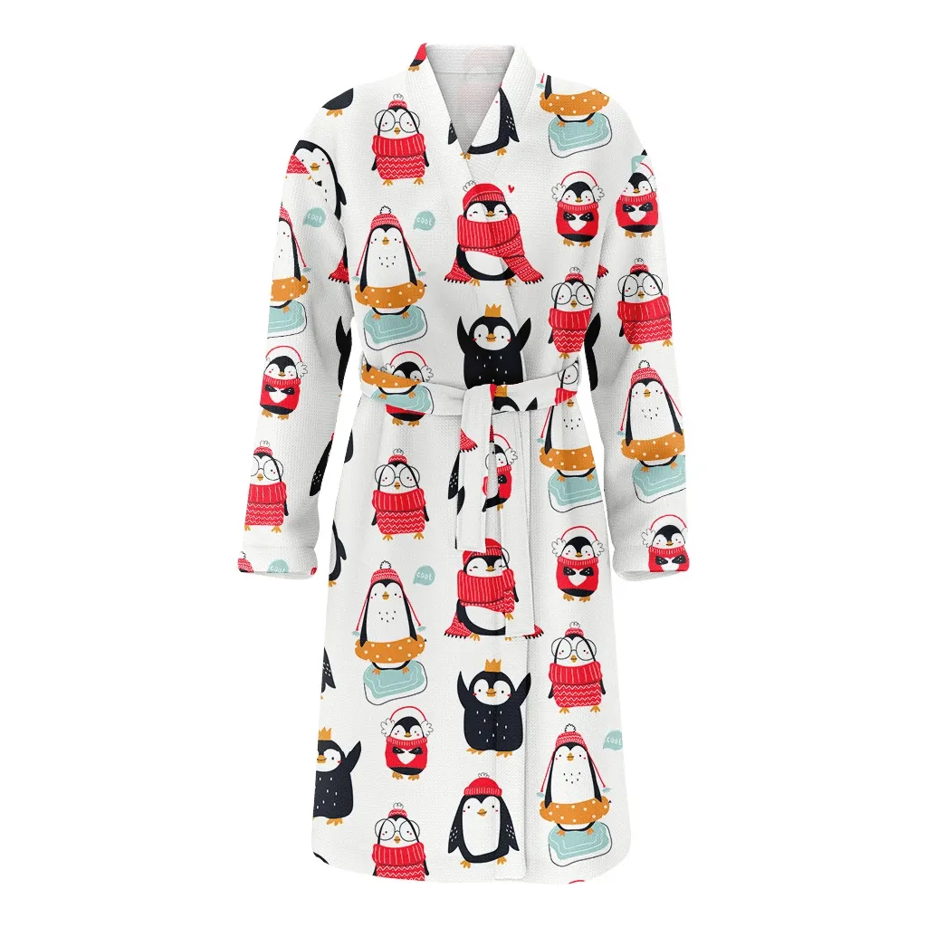 Christmas Winter Funny Various Penguins Trendy Family Matching Kimono Bathrobe Satin Fleece Robe