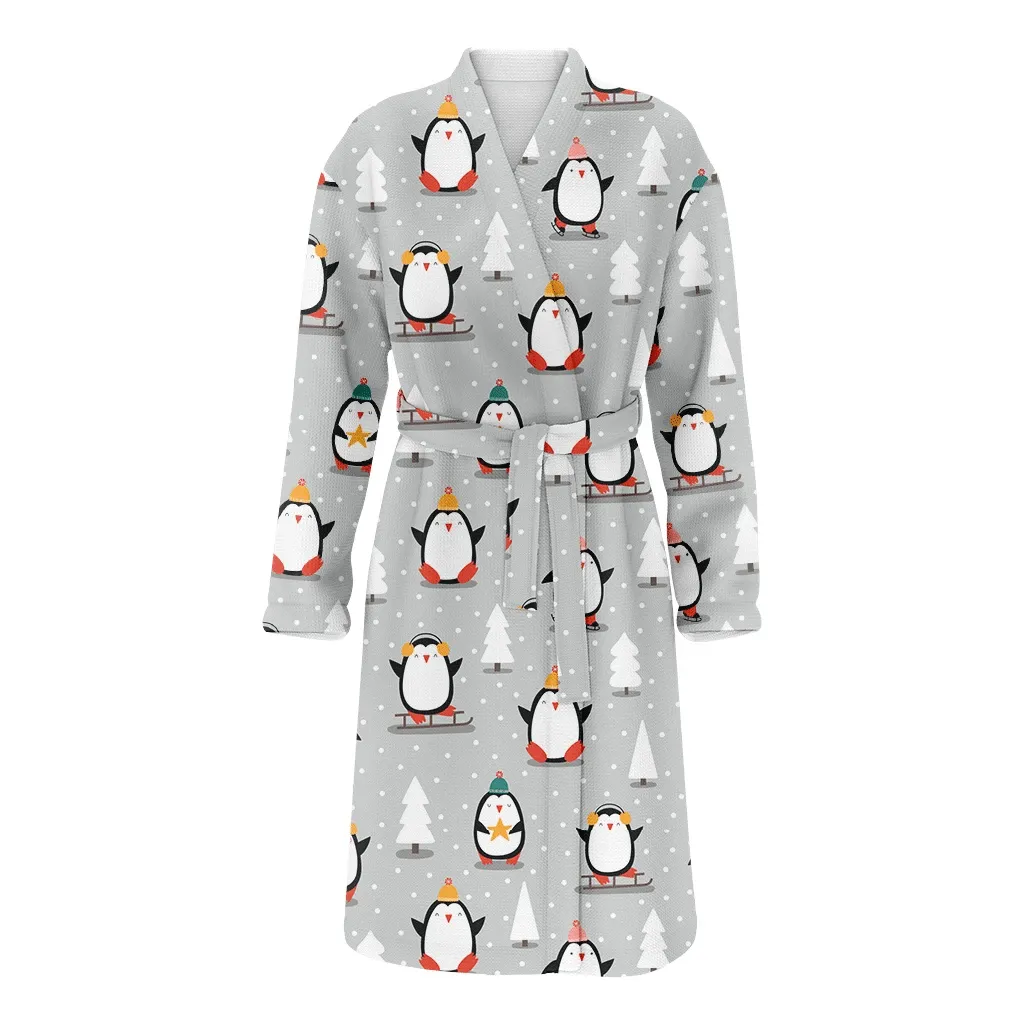 Christmas Winter Little Penguins And White Tree Family Matching Kimono Bathrobe Satin Fleece Robe