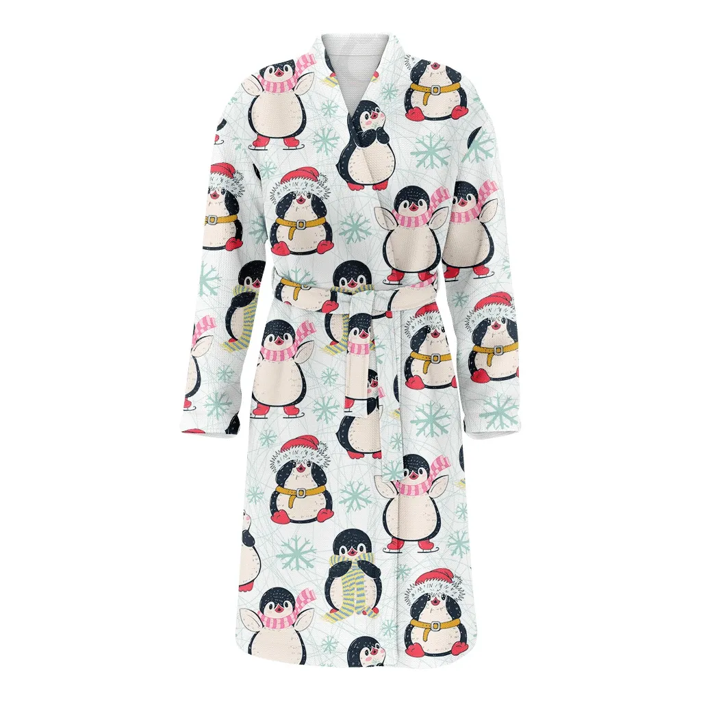 Christmas Winter Little Penguins Hand Drawn Family Matching Kimono Bathrobe Satin Fleece Robe