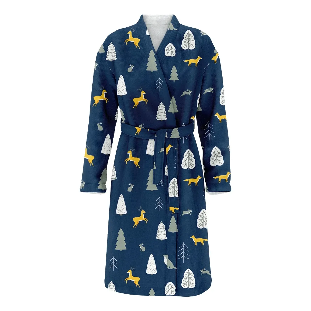 Christmas Winter With Animals Wolf And Trees Family Matching Kimono Bathrobe Satin Fleece Robe