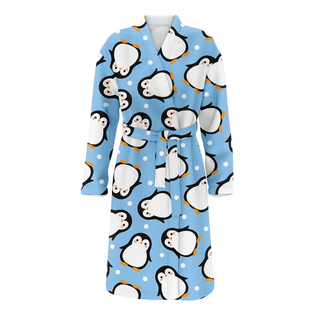 Christmas Winter With Cartoon Penguin On Blue Family Matching Kimono Bathrobe Satin Fleece Robe